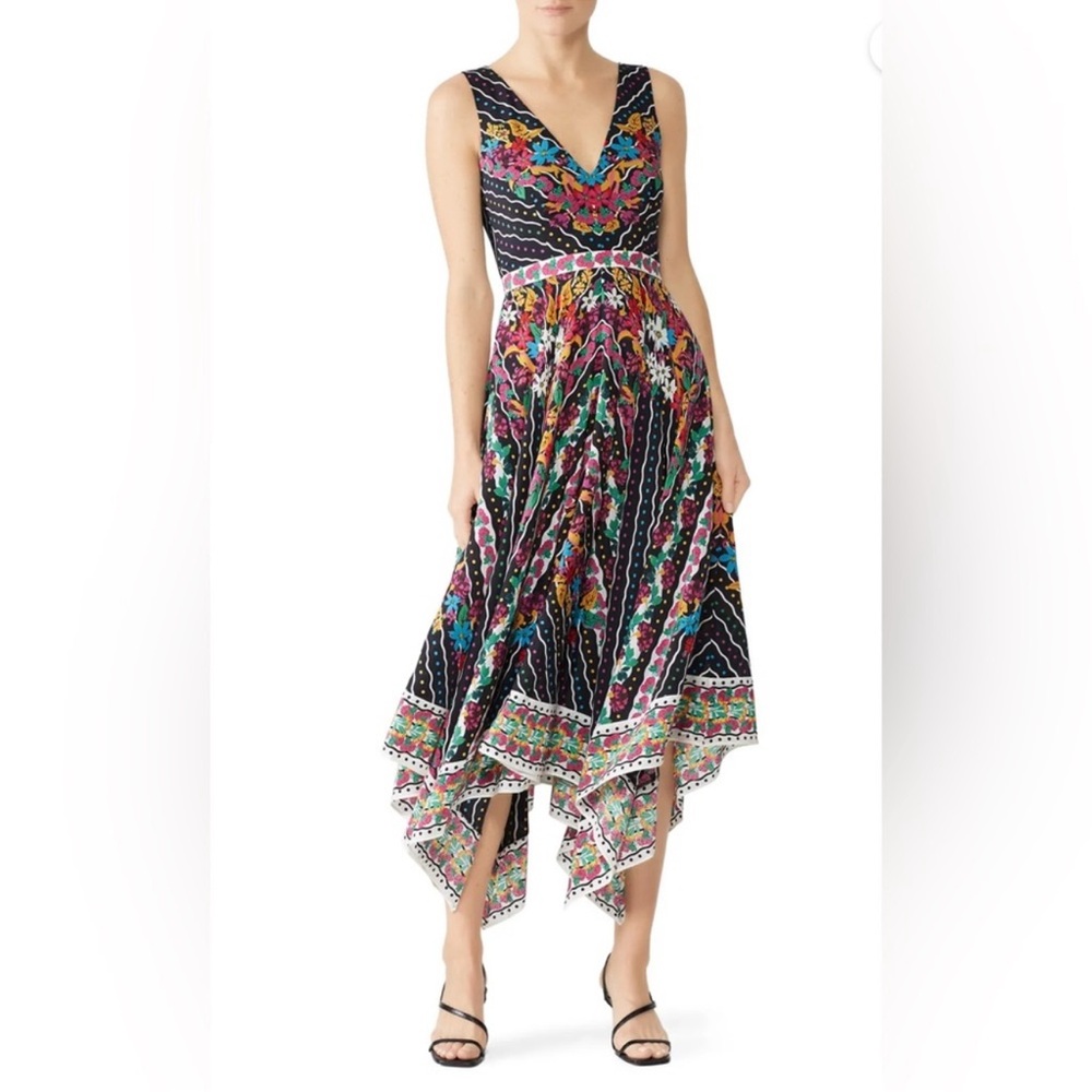 SALONI Black Floral Print Dress with Handkerchief Hemline Dress Size 8